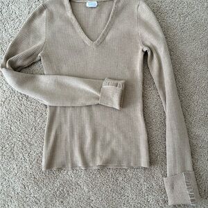 Aqua Tan Ribbed Knit Sweater 82% merino wool and velvet detail at sleeve M